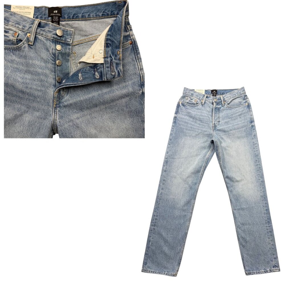 H&M Button Fly Straight Leg ‎ Jeans Mens 31x32 Light Wash Normcore Casual NEW